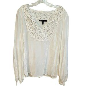 White House Black Market Light Airy V-Neck Blouse Size 10 Crochet Neckline White